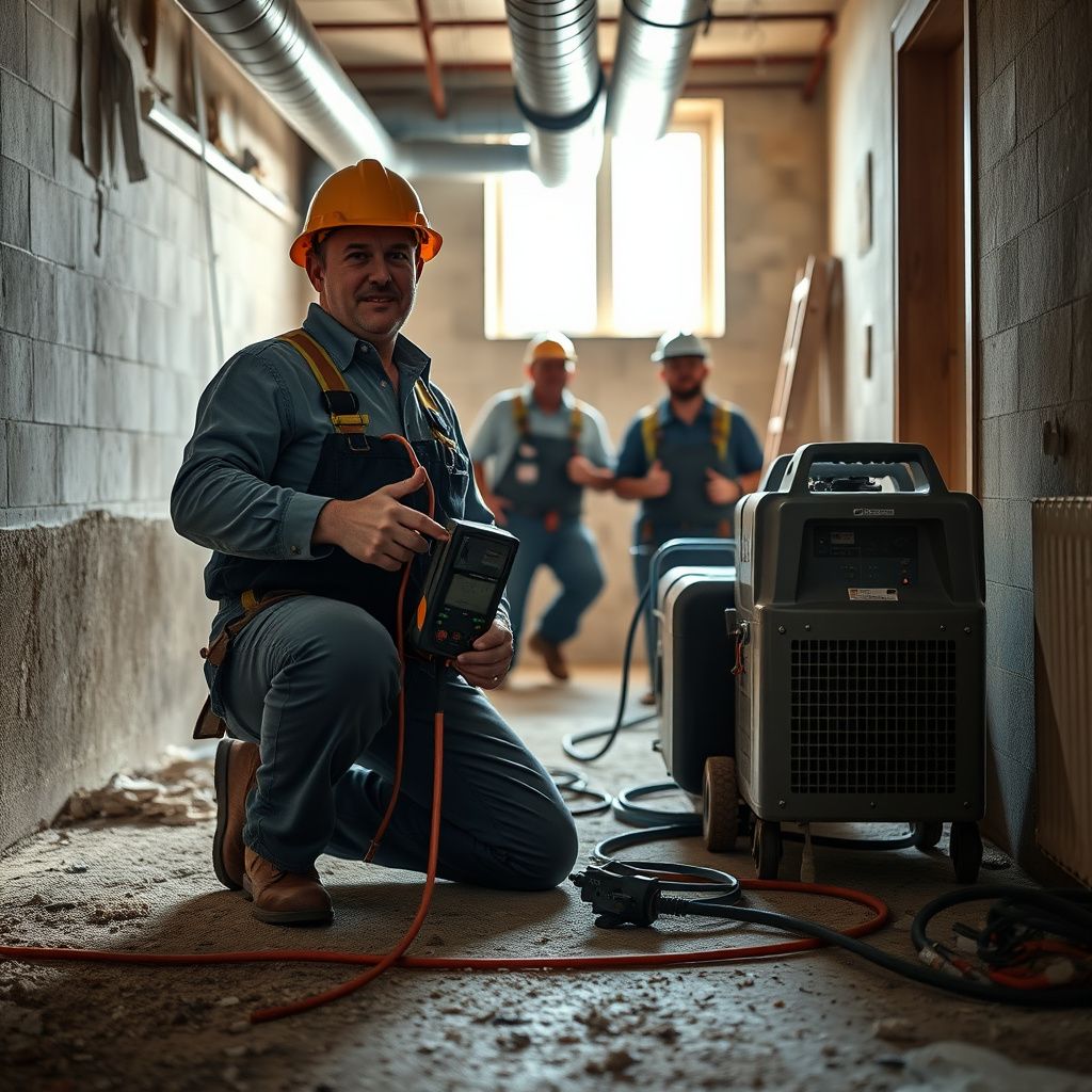Certified mold remediation technician carefully inspecting a wall with a moisture meter in a Crowley, Texas home.
